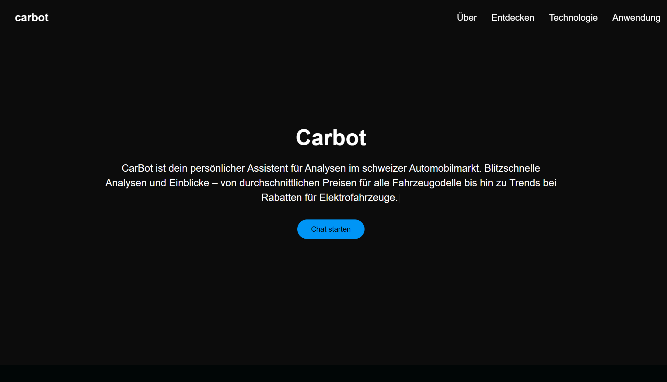 Carbot Website mit Beschreibung zur Automobilmarktanalyse und Chat starten-Button.