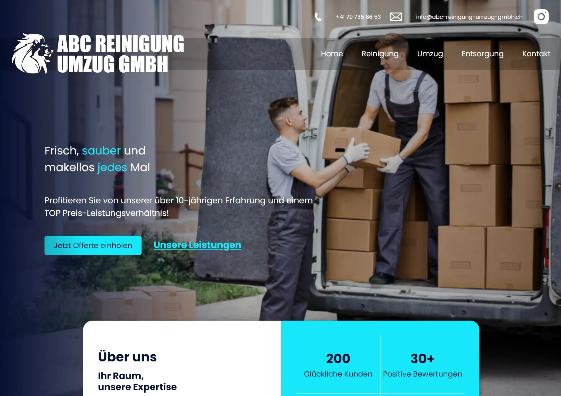 Zwei Umzugshelfer laden Kartons Header ABC Reinigung Umzug GmbH mit Servicedetails.