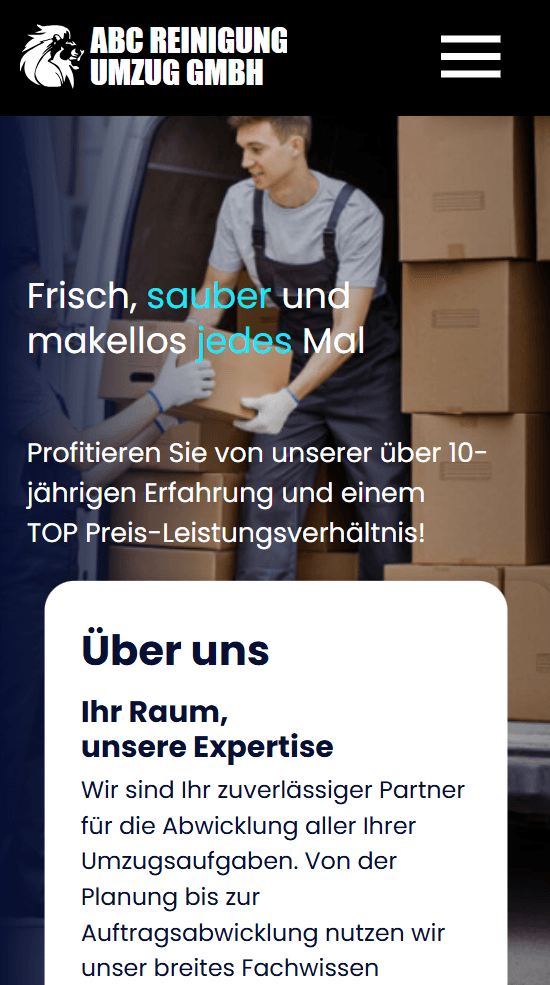 Arbeiter trägt Karton durch Raum Text über Reinigungs- und Umzugsdienste.