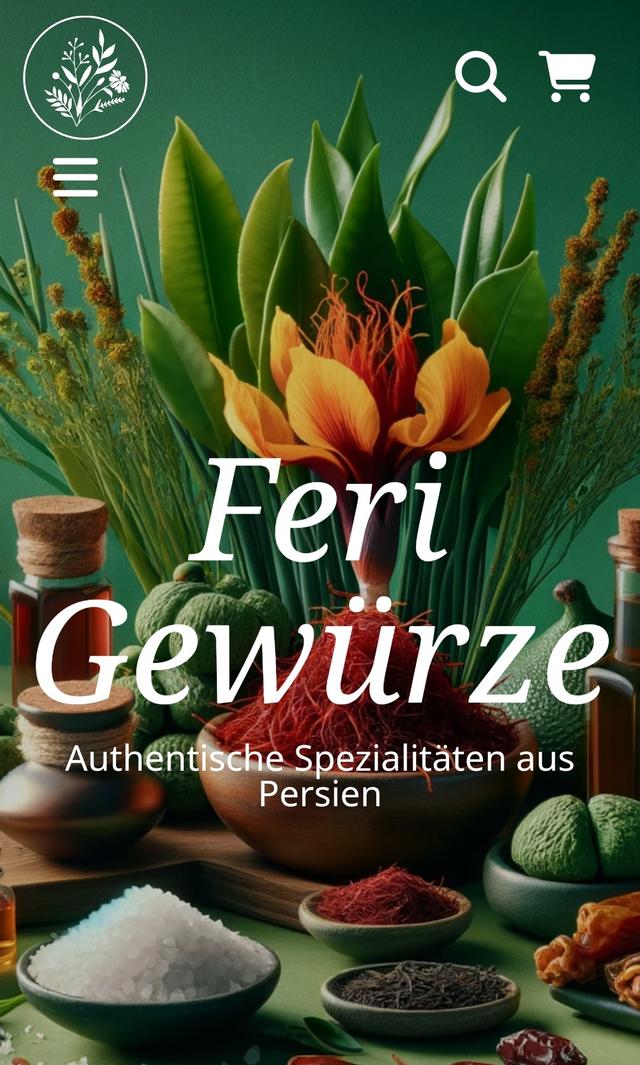 Gewürze und Kräuter vor grünem Hintergrund Text über persische Spezialitäten.