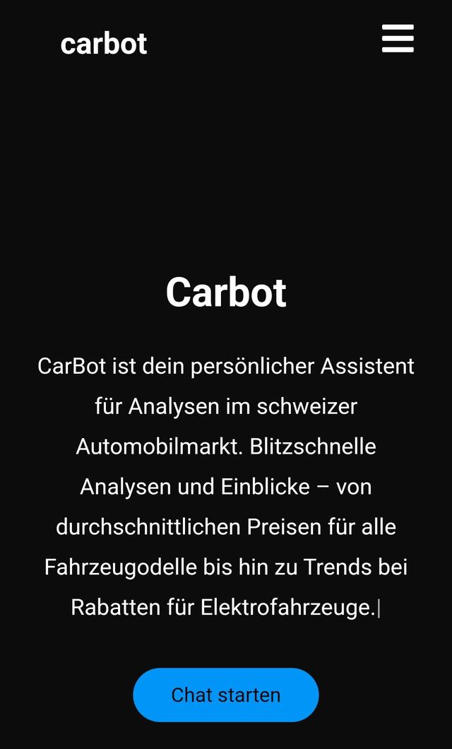 Mobile App von Carbot zur Analyse des Automobilmarkts mit Chat starten-Button.