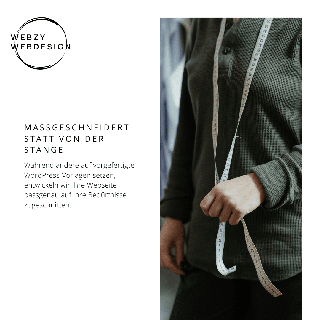 /Person mit Massband und Text über personalisiertes Webdesign von Webzy.