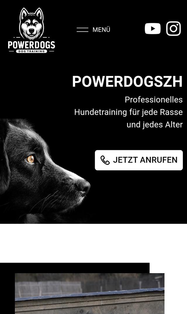 Screenshot von PowerDogs Website mit Logo Hundebild und Jetzt anrufen-Button.