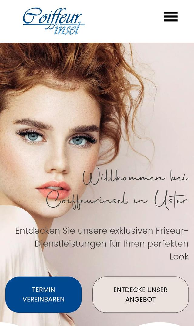 Werbe-Image für Coiffeur Insel mit Frau und Text über exklusive Friseur-Dienstleistungen.